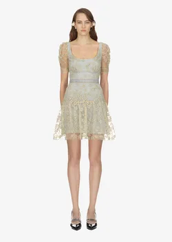 

18 Socialite Temperament Mesh Embroidery Nail Beads Round Neck Dress Pure Original 85129 Lose Money Qing Goods