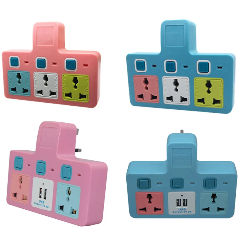 Universal Pink Blue 250V 13A 2USB 5V 2A 1 to 3 UK Wireless Power Strip US EU To UK Multifunction Socket Wall Adaptor Plug Outlet