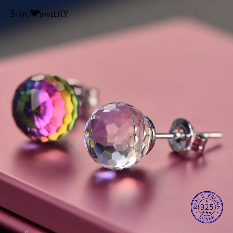 

Shipei Colorful Crystal Stud Earrings for Women Fine Jewelry 100% Sterling Silver Round Crystal Ear Studs Birthday Gift