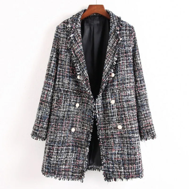 

Women Tweed Coat 2019 Autumn Blazer Plaid Long Sleeve Office Lady Blazers Elegant Tassel Notched Jacket OL Work Wear Outwear