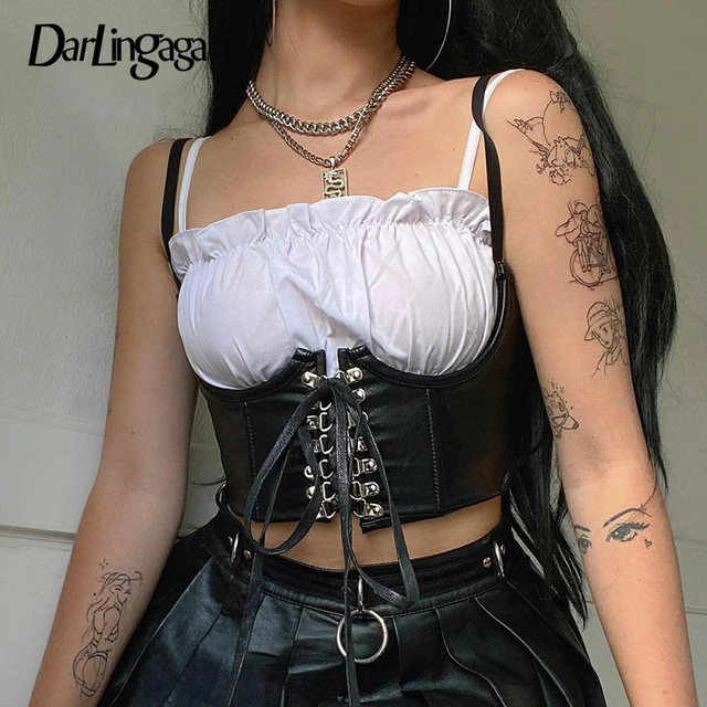 Darlingaga Streetwear Gothic Dark PU Leather Crop Top Women Hook Lace Up Punk Style Tank Top Cummerbunds Corset Tops To Wear Out 1