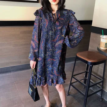 

Women Dress Autumn and Winter V-neck Retro Printed Ruffle Women's Dress