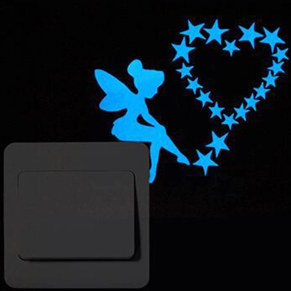 1 шт. наклейка Мультяшные синие светящиеся звезды и луна кошка бабочка переключатель наклейка для детской комнаты украшение для дома - Цвет: 002 Fairy sitting