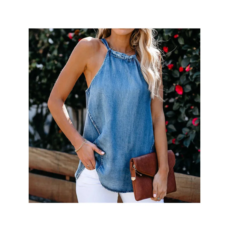 Women Sexy Halter Denim Vest Fashion Off-Shoulder High Street Solid Color Casual Sleeveless Lace Up Bottoming Top