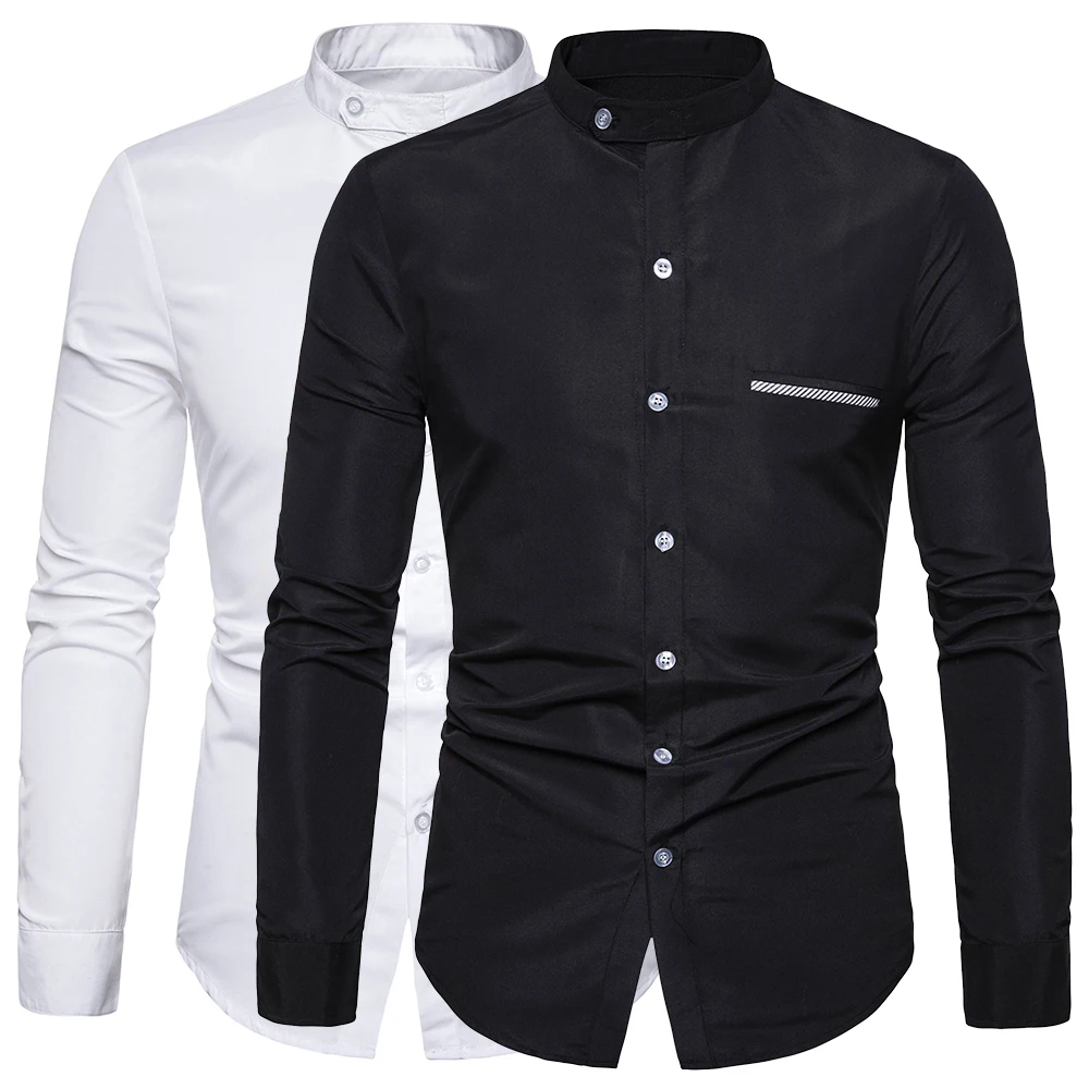 Mandarin Collar Men Shirt Solid Long Sleeve Casual Shirts Business Social White Dress Plus Size Camisas Cotton Men's Top Clothes Mandarin Collar Men Shirt Solid Long Sleeve Casual Shirts Business Social White Dress Plus Size Camisas Cotton Men's Top Clothes