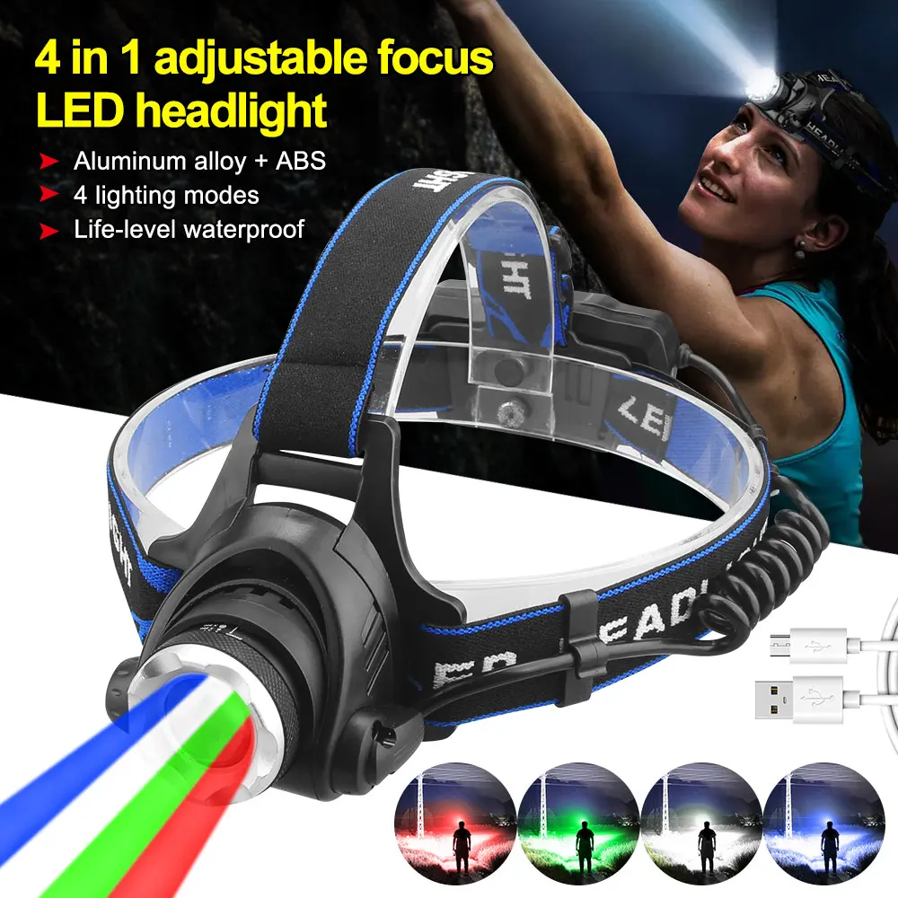 4 In 1 Adjustable Focus LED Headlight Red+Green+Blue+White Zoomable Fishing Front Head Flashlight Torch USB Red Warning Light head flashlight cob headlamp bike headlight