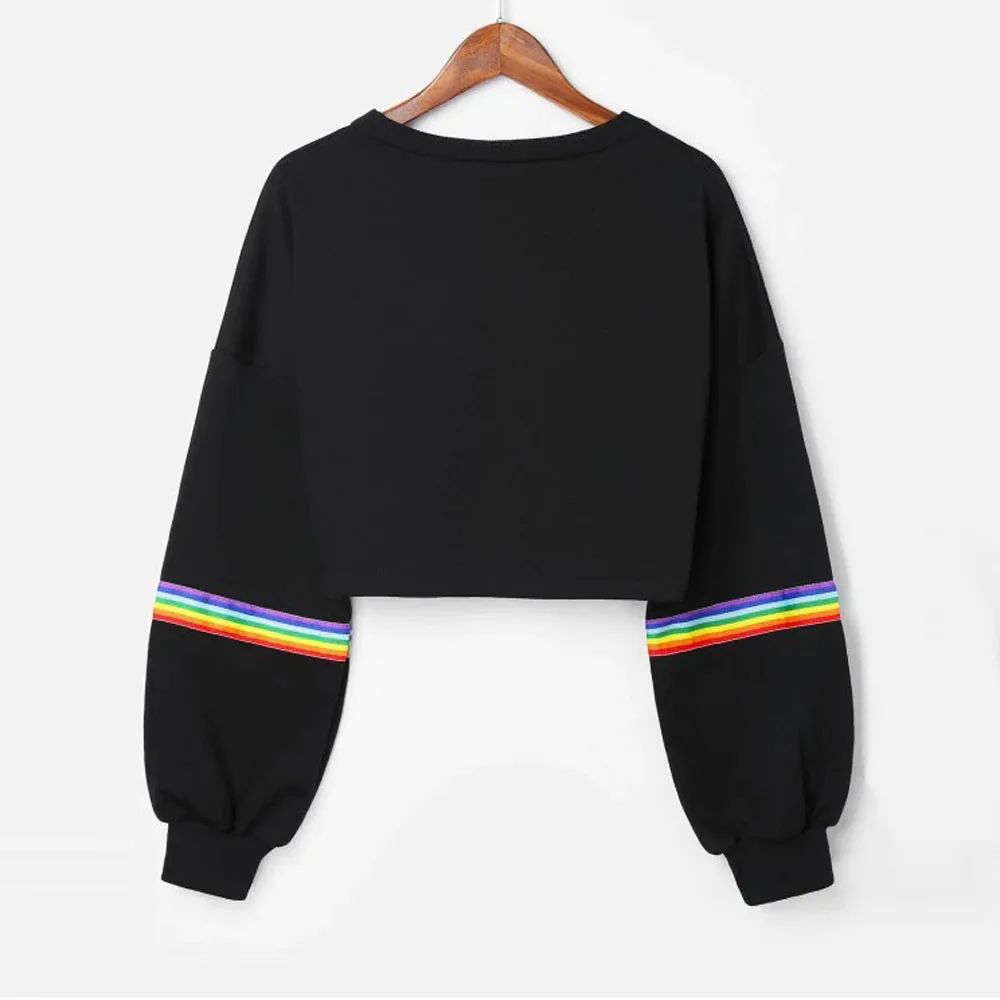 

Womens Long Sleeve Striped Crop Short Sweatshirt Jumper Black Pullover Top Hoodies Sweatshirt Conjunto Female Feminine#30