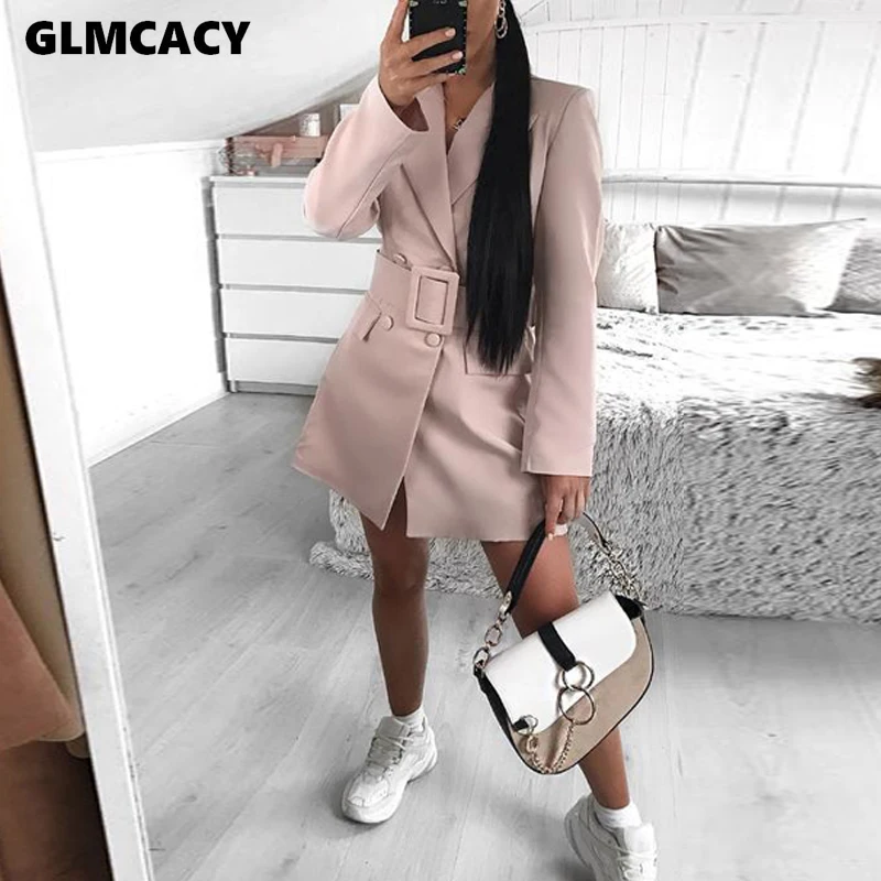 Women Office Lady Notched Double Breasted Long Sleeve Blazers Autumn Streetwear Solid Sashes Slim Long Blazers - Цвет: Розовый