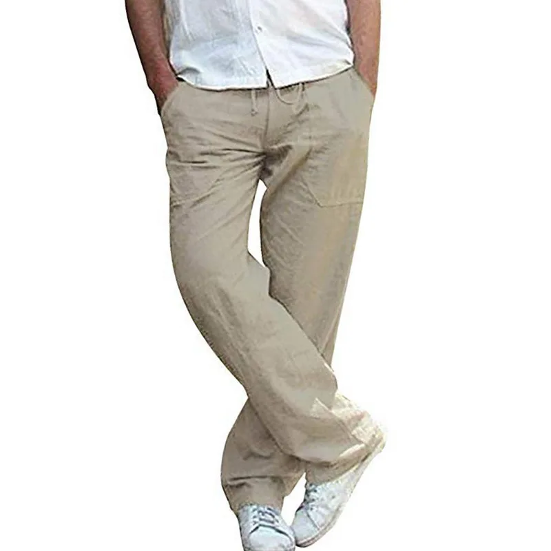 Мужские хлопковые льняные длинные брюки на шнурке, прямые свободные повседневные брюки с эластичной талией и карманами, мужские широкие брюки - Цвет: Light yellow