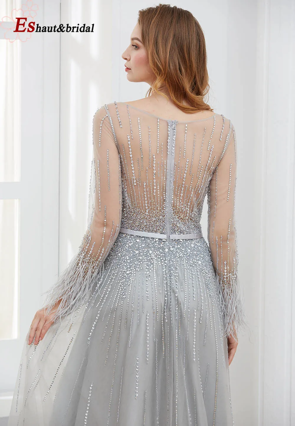 Long Sleeves Evening Dress 2020 Oneck Aline Luxury Feather Beads