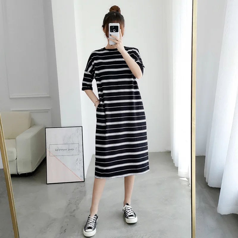 

9031 Nursing Dress Summer Stripes Pure Cotton Short Sleeve Nursing Dress Long Nursing Clothes out Clothes Fashion