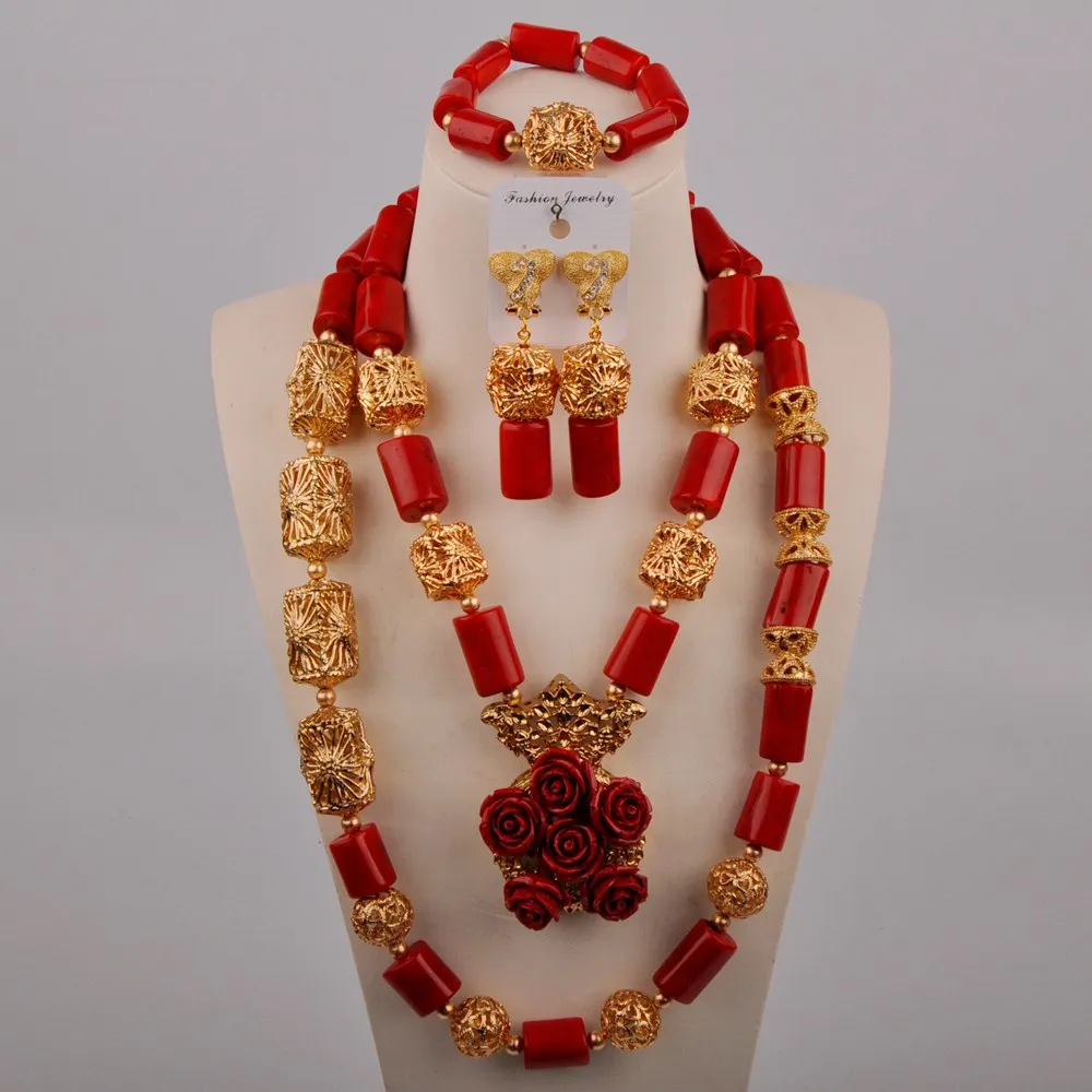 

Fashion African Jewelry Set Women Costume Necklace Nigerian Wedding Beads Red Coral Bridal Jewelry Sets
