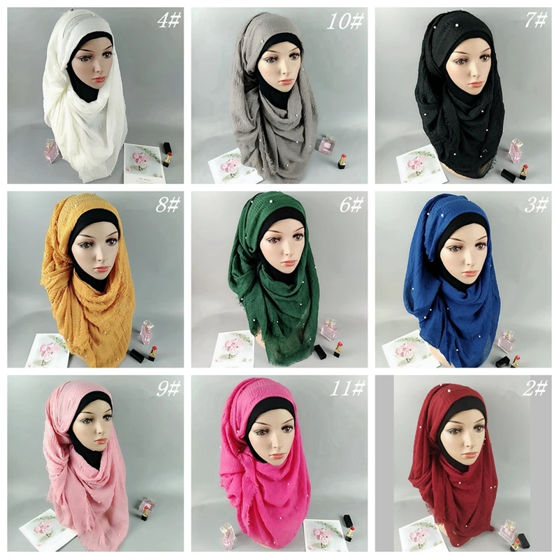 

Shawl Muslim Hijab Wrap Head Beads Pearl Women Ladies Plain Crinkle Cotton Scarf TJM9142