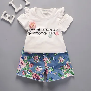 

9 months to 4 yrs Girls suit Children's wear Girls' fungus collar short-sleeved floral print top + fungus hem shorts 2pcs suit