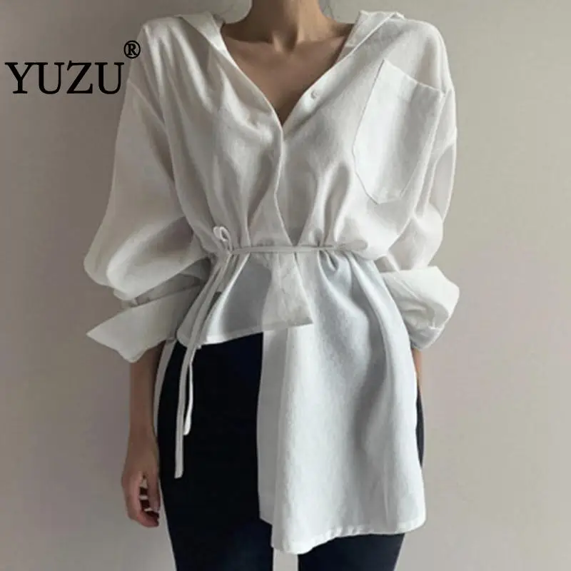 

White Shirts Women Autumn Blouse Long Sleeve Cross Drawstring Pocket Irregular Hem Fashion Korean Fashion Tops Ladies Clothing
