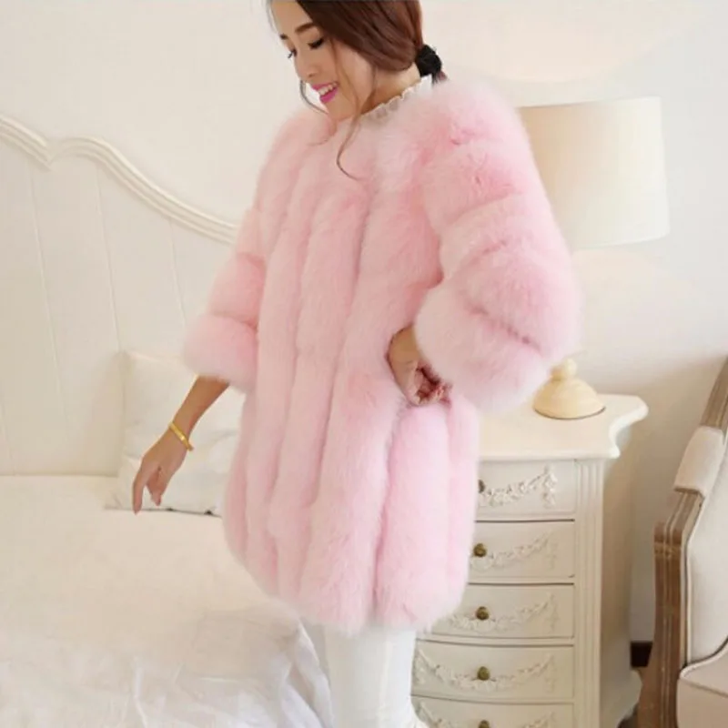 Зимнее пальто из искусственного меха 5XL 6XL размера плюс, женская розовая шуба, Женская куртка из искусственного меха кролика, длинное пальто из искусственного меха - Цвет: Розовый