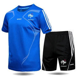 Ensemble 2 pièces pour homme, tenue de sport, de loisirs, en Polyester, T Shirt respirant + short à séchage rapide, été, M 5XL 