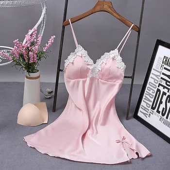 

New spring and summer straps silk pajamas women's beautiful back pajamas lace side thin pajamas with chest pads night wear