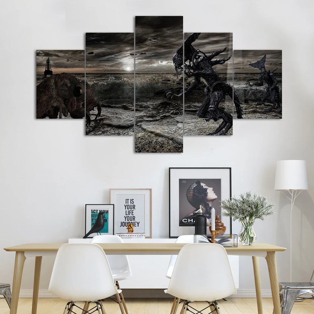 

CAPICS 5 Panels Canvas Art Modern Art Canvas Back To The Future UFO Theme Alien Ready to Hang Wall Art Dropshipping Custom