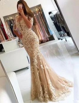 

Elegant V-Neckline Cap Sleeve Lace Appliques Tulle Mermaid Evening Gown 2019 Floor Length vestido de fiesta Long Prom Dress