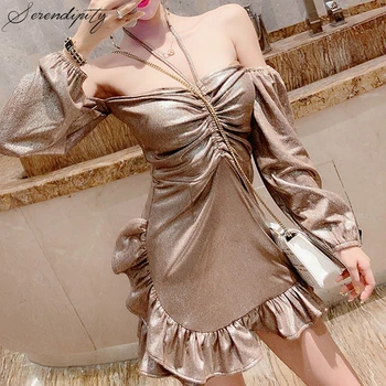 

Mini Women Dress Long Sleeve Luxury Lace Short Dress New Fashion Off Shoulder Sexy Solid Autumn Elastic Female A-line Slash Neck