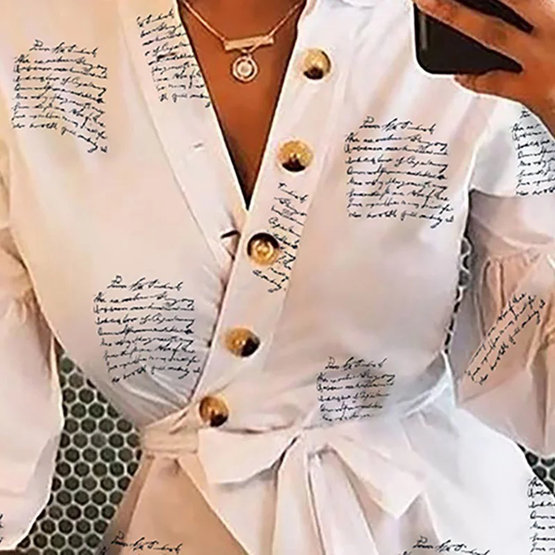 Блузка с буквенным принтом женская рубашка перекрестные пояса белые женские топы и блузки с рукавом фонаря модные женские блузки Топ женский