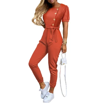 

Women Summer Casual Slim Solid Bandage Buttons Short Sleeve Jumpsuits Female Square Neck Streetwear One-piece Suit SJ5891M