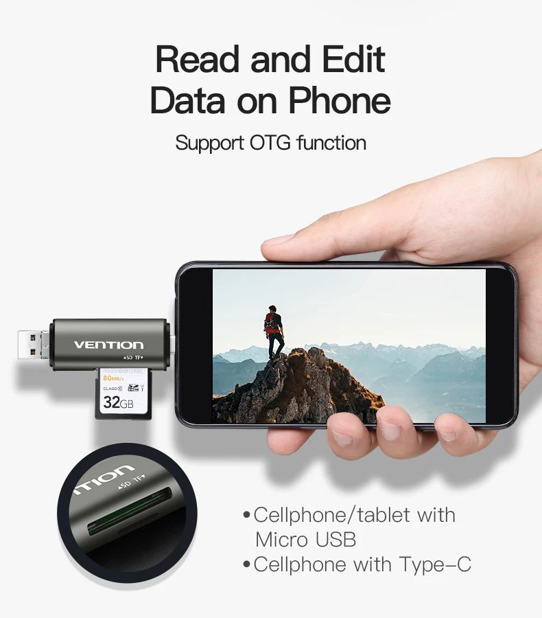 Vention считыватель карт Micro SD адаптер type C Micro USB SD карта памяти адаптер для ноутбука MacBook USB 3,0 SD/TF OTG кардридер