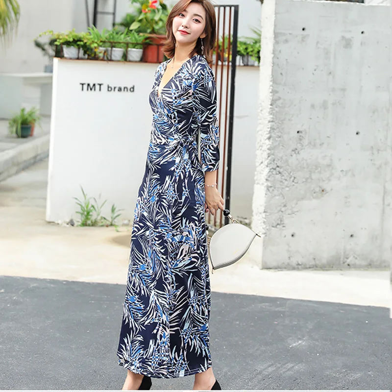 Мода Boho Цветочный Принт летние пляжные женские повседневные с длинным рукавом сексуальные длинные платья v-образный вырез с высоким разрезом вечерние платья уличная одежда