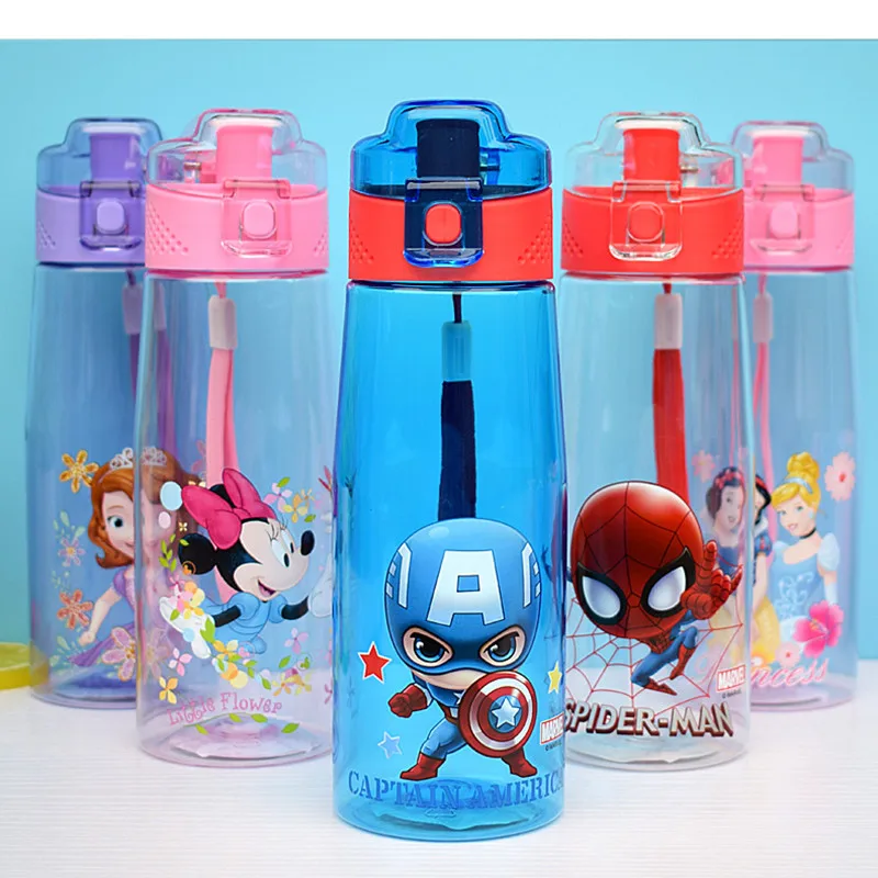 

500ml Disney Mickey Mouse Cartoon Cup Cute Minnie Water Bottle Spiderman Princess Bottles Portable Children Kettle Leak Proof