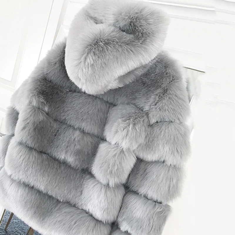 Зимнее толстое теплое пальто из искусственного меха для женщин, большие размеры, 3X, с капюшоном, с длинным рукавом, из искусственного меха, куртка, Роскошные зимние меховые пальто