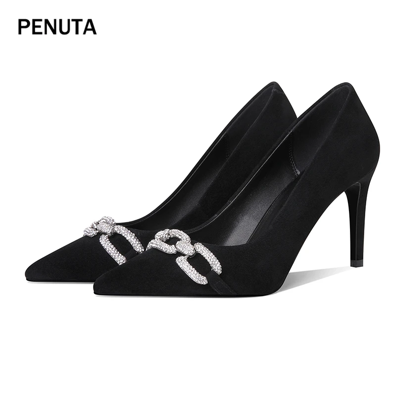Black PENUTA/блестящие модельные туфли на высоком каблуке; женские модные пикантные туфли-лодочки с цепочкой; замшевые туфли на высоком каблуке-шпильке с острым носком; G0014 - Цвет: Black