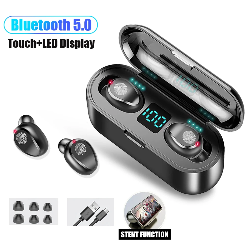 New F9 Wireless Headphones Bluetooth 5 0 Earphone TWS HIFI Mini Sports Running stereo Headset Support iOS Android Phones HD Call