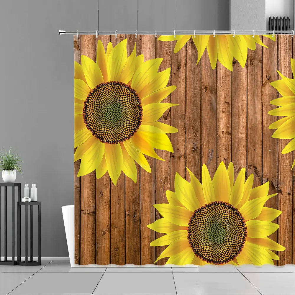 

Sunflower Shower Curtain Unique Shoes Bred Flowers Retro Floral Wooden Board Bath Curtains Watercolor Waterproof Bathroom Decor