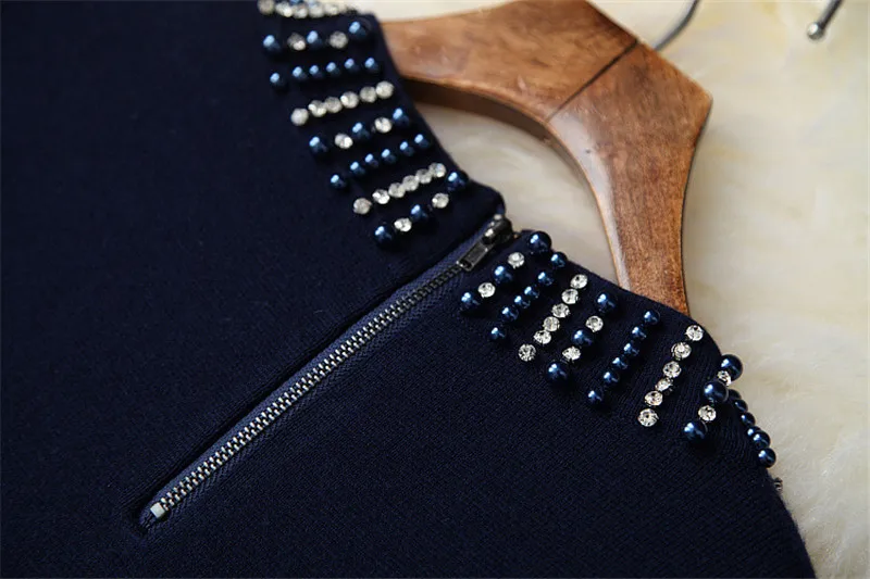Подиумные дизайнерские модные осенне-зимние платья для женщин новые модные бусинки под алмаз шею сплошные алиновые трикотажные платья-свитеры Вечерние