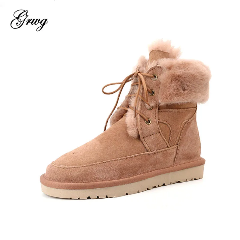 

GRWG 100% Natural Sheep Fur Woman Snow Boots Lady Warm Winter Boots Brand Genuine Sheepskin Leather Boots Winter Shoes For Women