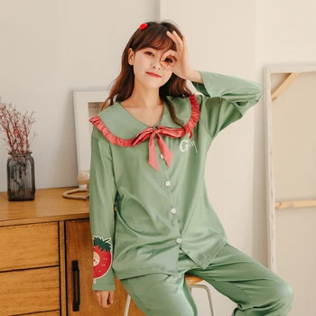 

Womens satin pajamas Sets femme Silk Pijama Turn-down Collar Sleepwear Lady Long Sleeve Spring Nightwear 2 Pieces Sets Homewear
