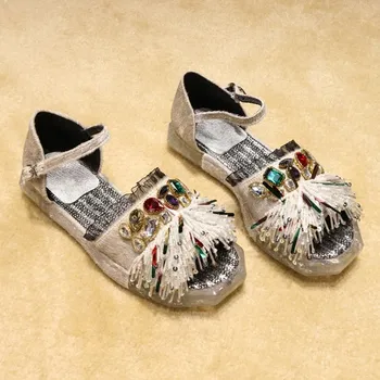 

Summer Brand Rhinestones Women Real Leather Horsehair Tassel Platform Fashion Beading Peep Toe Shoes Sandals