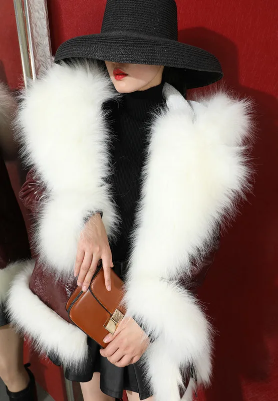 DEAT new autumn and winter fashion women clothes turn-down collar flare sleeves fur patchwork PU leather coat