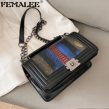 

Female Retro Snake Pattern Contrast Color Flap Bags Sac Women Luxury Serpentine PU Leather Shoulder Bag Autumn Panelled Handbags