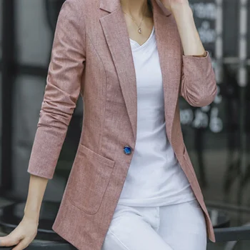 

Long Sleeve Pockets Solid Korean Style Blazer Women Cotton Linen Notched Tunic Women's Blazer 2020 Casual Slim Ladies Clothes
