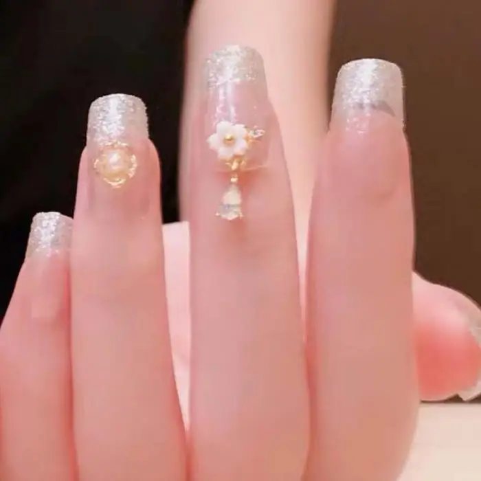 24pcs Full Cover square press on nails Glitter Transparent Color fake fingers 3D Flower Charm Decoration Bride nails with glue
