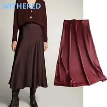 

Withered england style office lady elegant simple satin shine silk midi skirt women faldas mujer moda 2020 long skirts womens