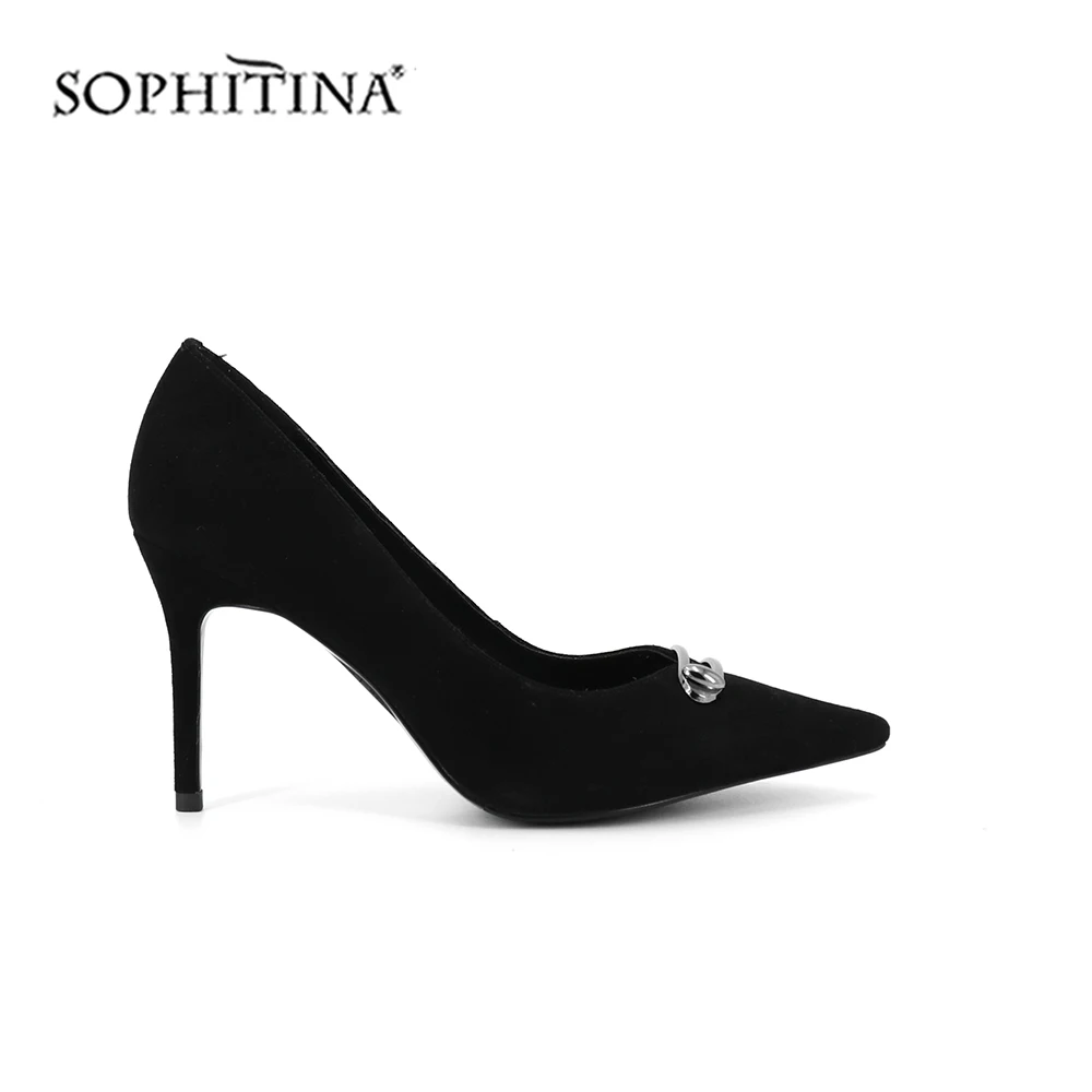 SOPHITINA/пикантные туфли-лодочки с острым носком; Высококачественная замшевая Элегантная модная обувь на тонком каблуке с металлическим украшением; новые женские туфли-лодочки; SC232