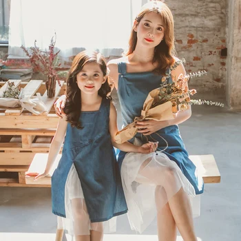 

Denim Mesh Split Mother Daughter Matching Dresses Mommy and Me Clothes Family Look Women Girls Mom Mum Mama & Baby Dress Outfits