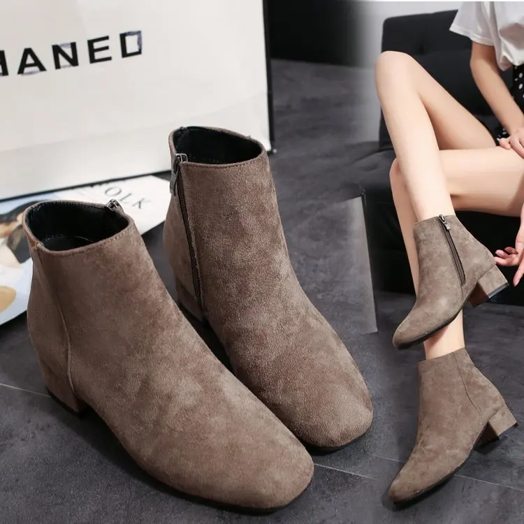 2020 Autumn Thick Med Heel Flock Women's Boots Ladies Round Toe Square Heel Zipper Shoes Solid Classic Casual Black Booties