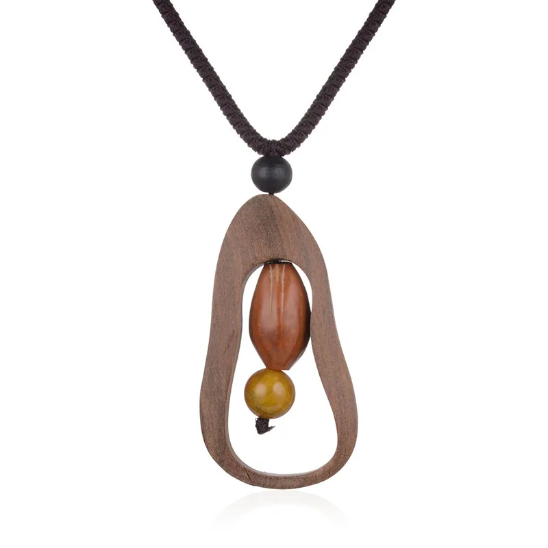 Vintage Necklace Ethnic Colar Irregular Hollow Shape Connecting Beads Brown Wood Rope Chain