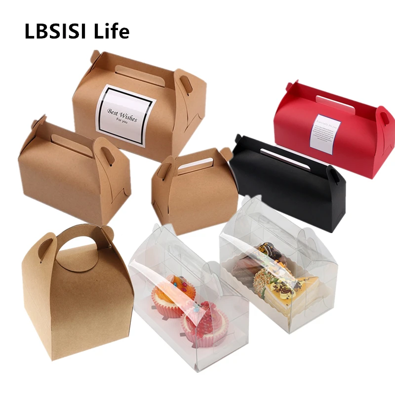 

LBSISI Life 10pcs Cake Food Kraft Paper Box With Handle Boxes Christmas Birthday Wedding Party Candy Gift Packing With Sticker