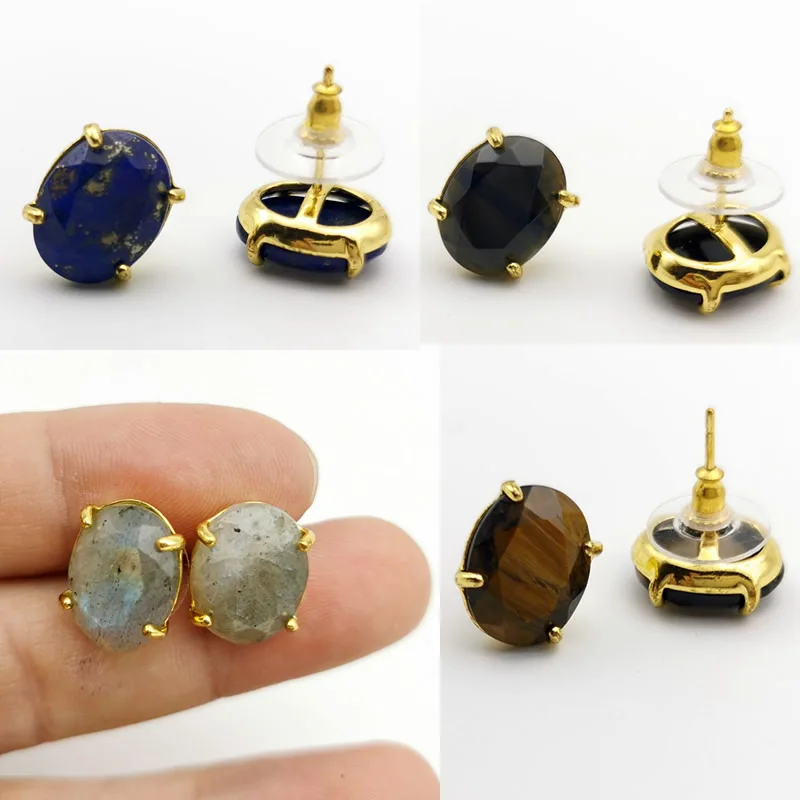 

Oval Shape Stud Earrings Silver Color Natural Stone Faceted Pink Quartz Crystal Tiger Eye Healing Jewelry Female