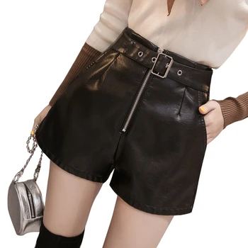 

Belt Black Leather Shorts Plus Size PU High Waist Fashion New Spring Summer Elegant Zipper Shorts Loose Women Short Pant Pocket